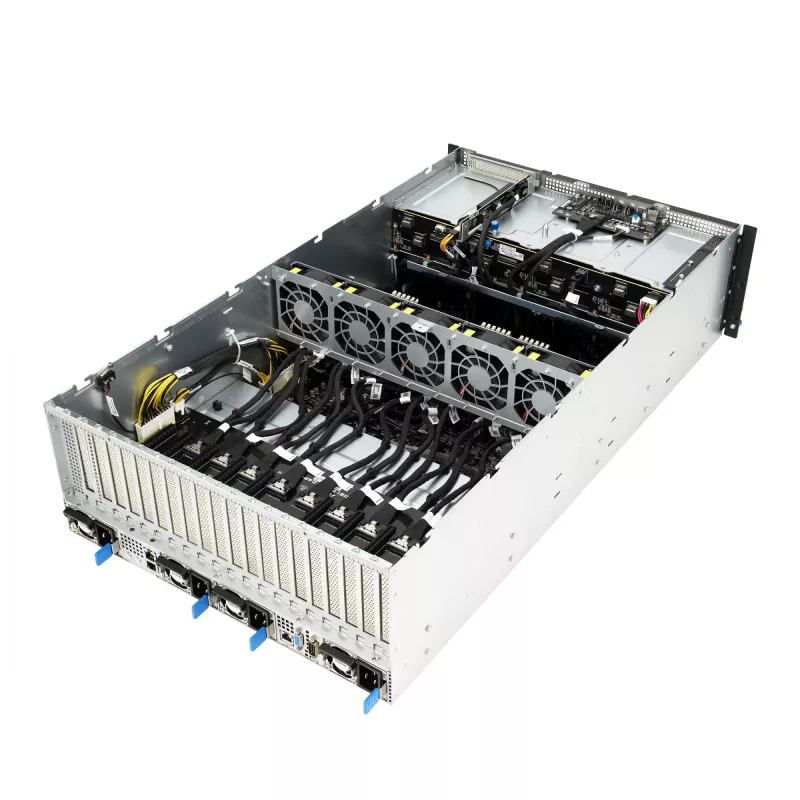 Stovo serveris ASUS ESC8000A-E12-SKU2 (4U) — palaiko 2× AMD EPYC 9004, DDR5 iki 6 TB, 24 DIMM, 3000 W maitinimo šaltinis