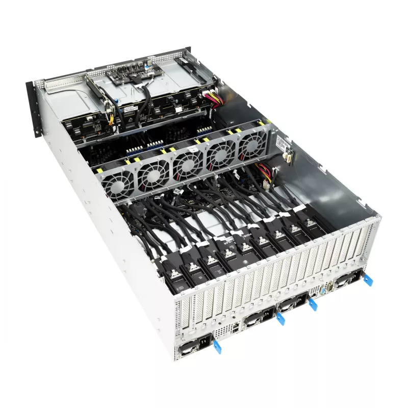Stovo serveris ASUS ESC8000A-E12-SKU2 (4U) — palaiko 2× AMD EPYC 9004, DDR5 iki 6 TB, 24 DIMM, 3000 W maitinimo šaltinis