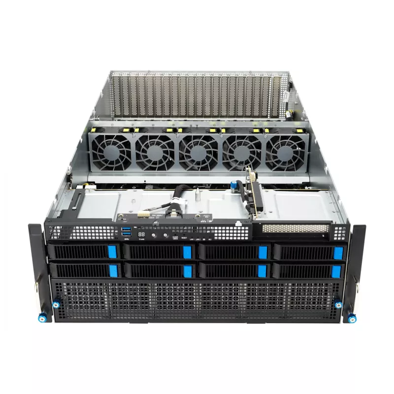 Stovo serveris ASUS ESC8000A-E12-SKU2 (4U) — palaiko 2× AMD EPYC 9004, DDR5 iki 6 TB, 24 DIMM, 3000 W maitinimo šaltinis