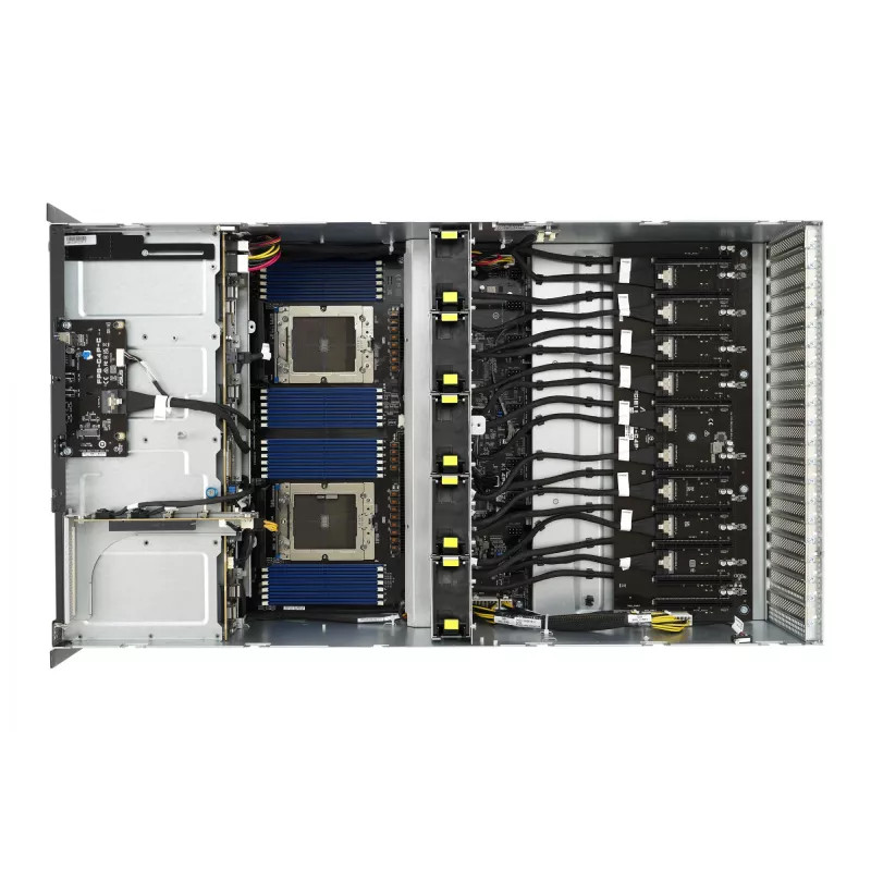 Stovo serveris ASUS ESC8000A-E12-SKU2 (4U) — palaiko 2× AMD EPYC 9004, DDR5 iki 6 TB, 24 DIMM, 3000 W maitinimo šaltinis
