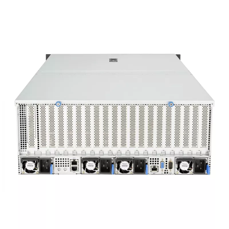 Stovo serveris ASUS ESC8000A-E12-SKU2 (4U) — palaiko 2× AMD EPYC 9004, DDR5 iki 6 TB, 24 DIMM, 3000 W maitinimo šaltinis