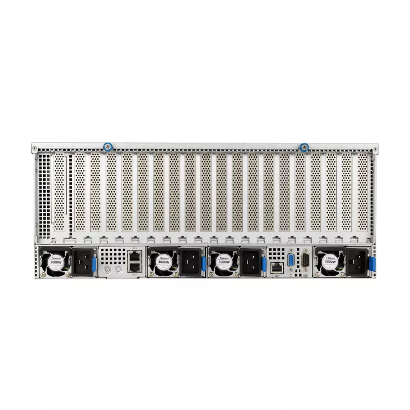 Stovo serveris ASUS ESC8000A-E12-SKU2 (4U) — palaiko 2× AMD EPYC 9004, DDR5 iki 6 TB, 24 DIMM, 3000 W maitinimo šaltinis