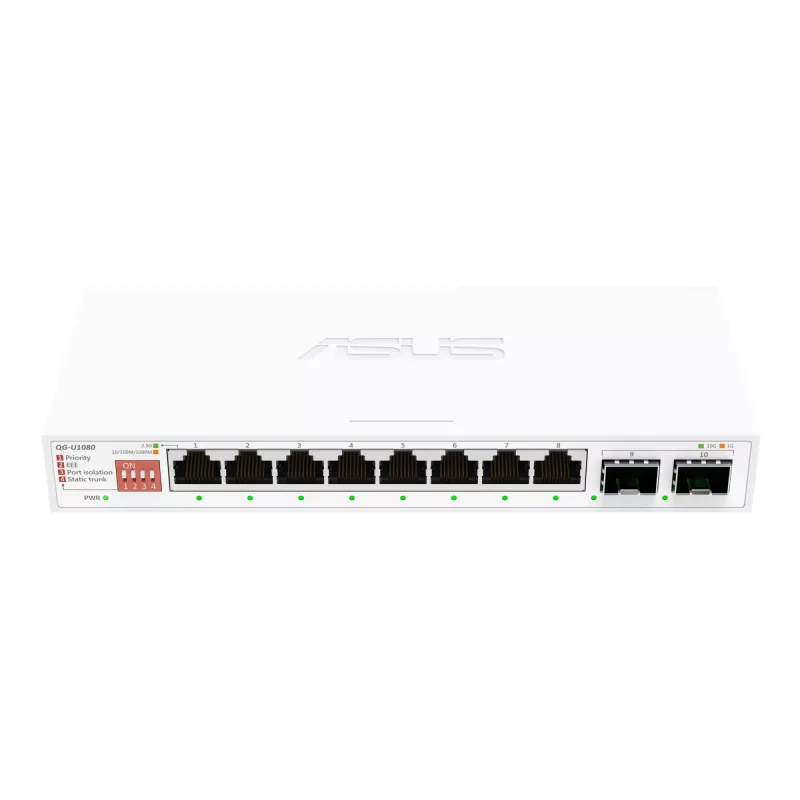 Nekonfigūruojamas eterneto komutatorius ASUS QG-U1080 — 8 × 2,5 G RJ-45 prievadai, MAC 16K, baltas, 12V