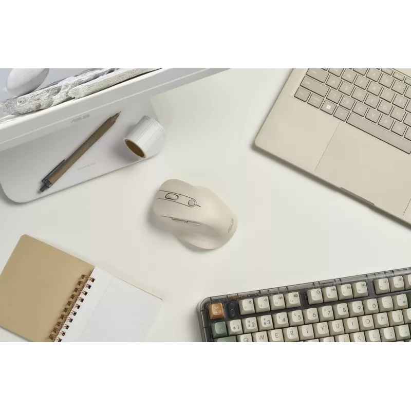 Belaidė dešiniarankė pelė ASUS MD105 MK-WH — RF + Bluetooth, 2400 DPI, ratukas, baterija, smėlio spalvos