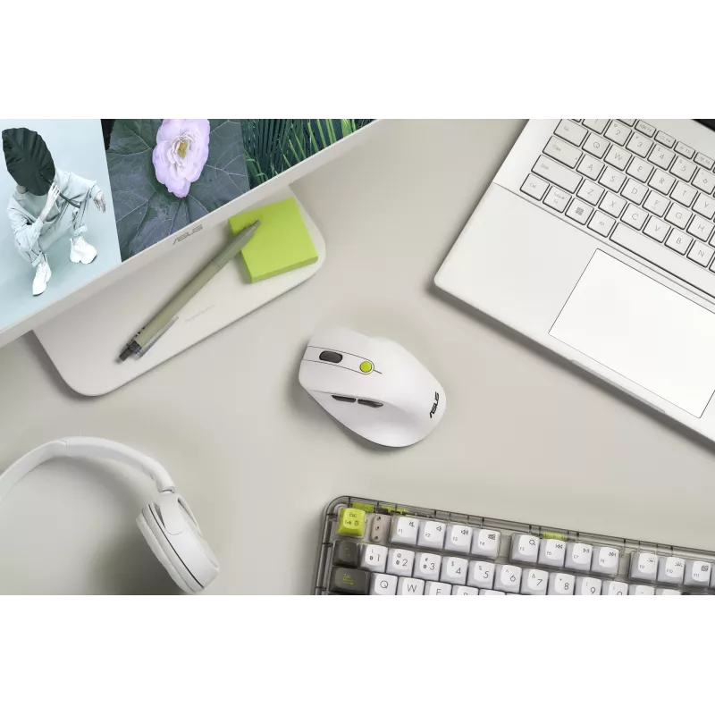 Pelė ASUS MD105 /VT-GN — dešiniarankė RF belaidė + Bluetooth, 2400 DPI, slinkties ratukas, maitinama baterijomis, balta/žalia