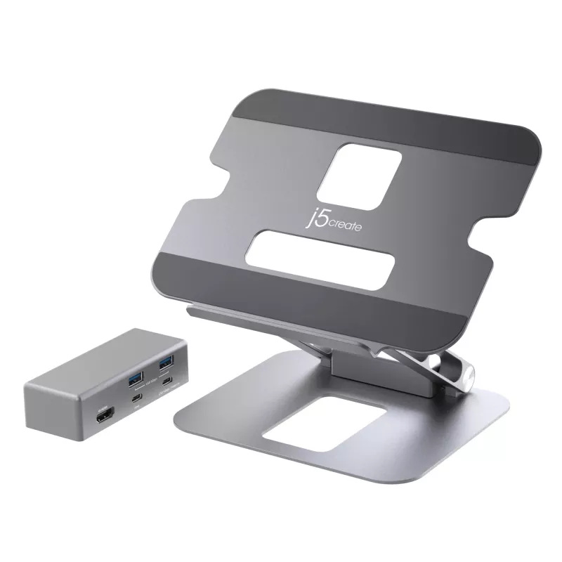 j5create JTS327 kelių kampų 4K dokinimo stovas, nešiojamojo kompiuterio stovas, pilkas, aliuminis, 40,6 cm (16 colių), 4 kg, nešiojamiesiems kompiuteriams su „Windows“ / „Mac“