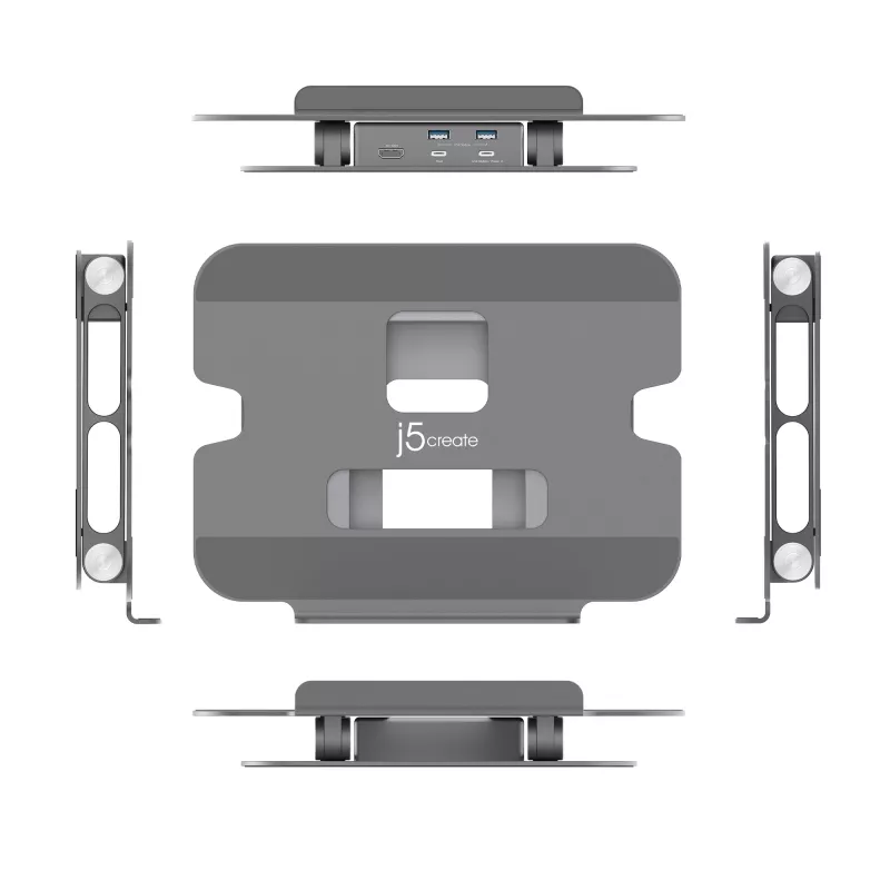 j5create JTS327 kelių kampų 4K dokinimo stovas, nešiojamojo kompiuterio stovas, pilkas, aliuminis, 40,6 cm (16 colių), 4 kg, nešiojamiesiems kompiuteriams su „Windows“ / „Mac“