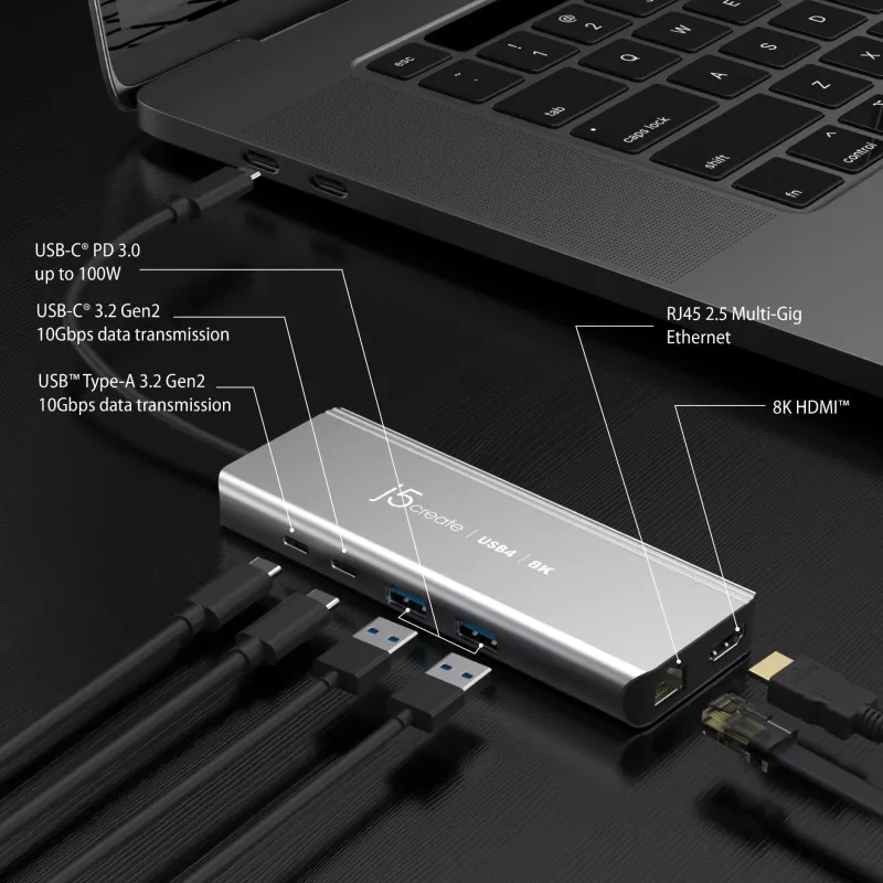 j5create JCD403 USB4 8K kelių prievadų šakotuvas USB Type-C HDMI RJ-45
