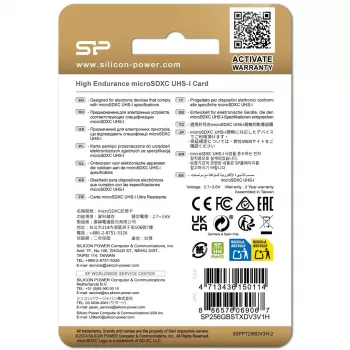 MicroSDXC kortelė Silicon Power SP256GBSTXDV3V1HSP 256 GB Class 10 High Endurance, 3,6 V, 0–70 °C