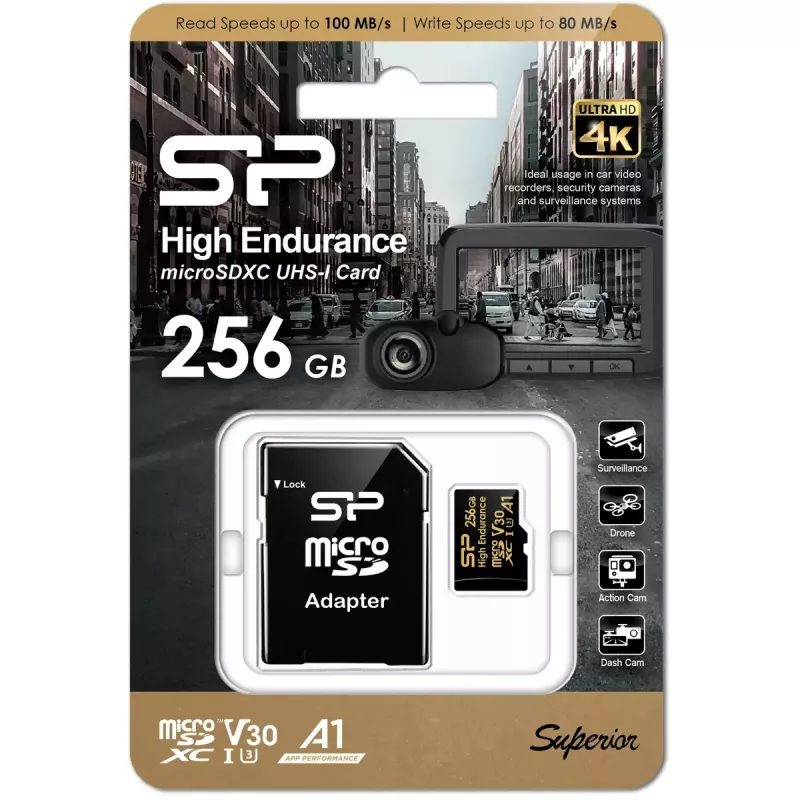 MicroSDXC kortelė Silicon Power SP256GBSTXDV3V1HSP 256 GB Class 10 High Endurance, 3,6 V, 0–70 °C