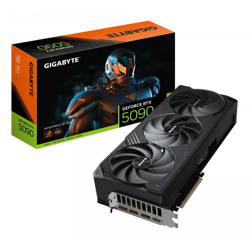 GIGABYTE GeForce RTX 5090 WINDFORCE OC 32G vaizdo plokštė – 32 GB GDDR7, 512 bitų, PCI-E 5.0, 2467 MHz branduolio dažnis, 3 x DP 2.1a, 1 x HDMI 2.1b, NVIDIA DLSS 4, GV-N5090WF3OC-32GD