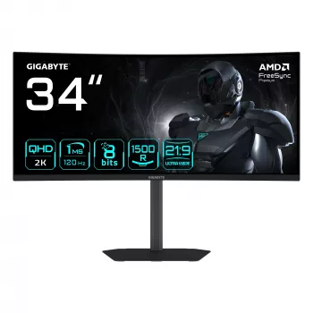 GIGABYTE GS34WQCA 34 colių WQHD lenktas žaidimų monitorius – 3440 x 1440, 1500R, 120 Hz, 1 ms, 300 cd/m², FreeSync Premium, HDR parengta, HDMI 2.0, DisplayPort 1.4