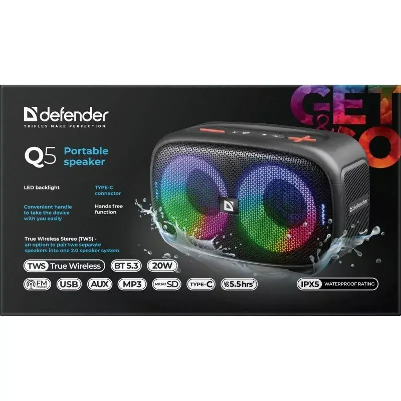 Defender Q5 Stereo nešiojamas Bluetooth garsiakalbis, 20 W, LED apšvietimas, FM radijas, TWS