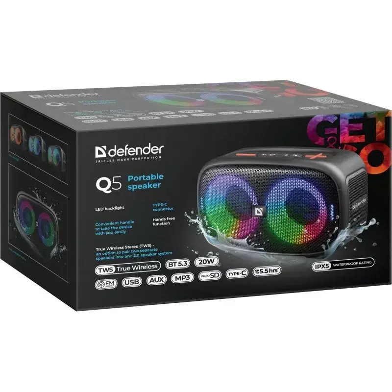 Defender Q5 Stereo nešiojamas Bluetooth garsiakalbis, 20 W, LED apšvietimas, FM radijas, TWS