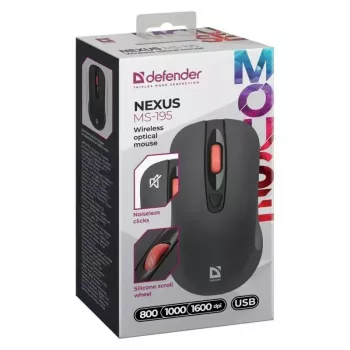 Belaidė RF tyli optinė pelė DEFENDER Nexus MS-195 — 1600 DPI, 2,4 GHz, Nano USB, abiem rankoms tinkama, 2×AAA, juoda