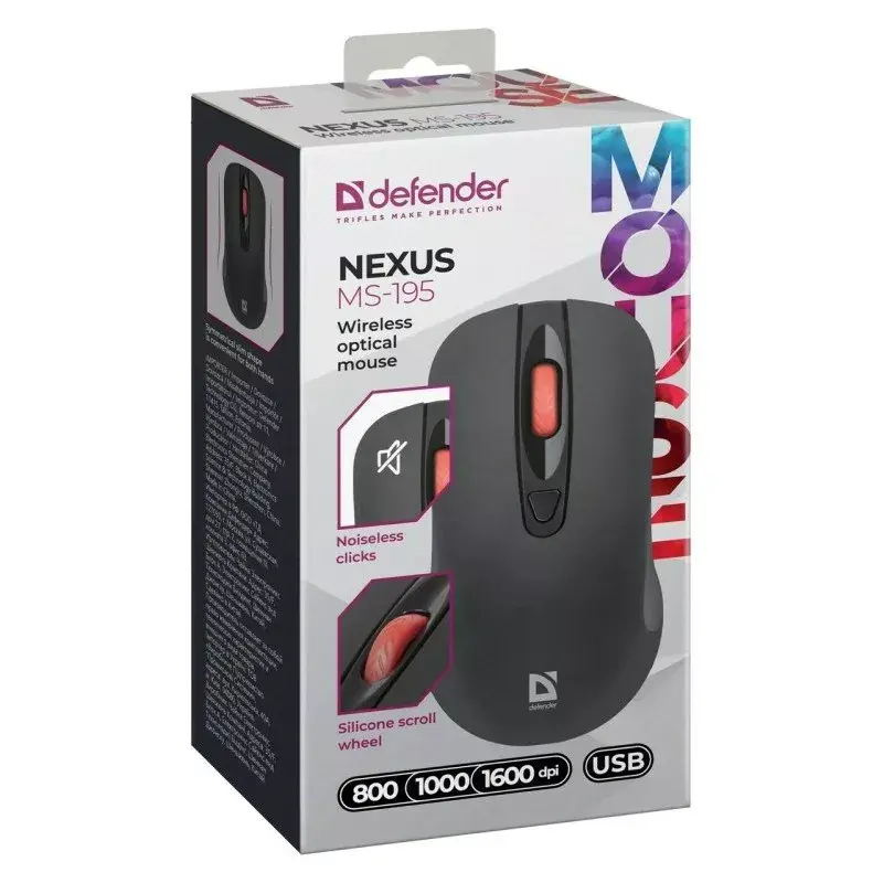 Belaidė RF tyli optinė pelė DEFENDER Nexus MS-195 — 1600 DPI, 2,4 GHz, Nano USB, abiem rankoms tinkama, 2×AAA, juoda