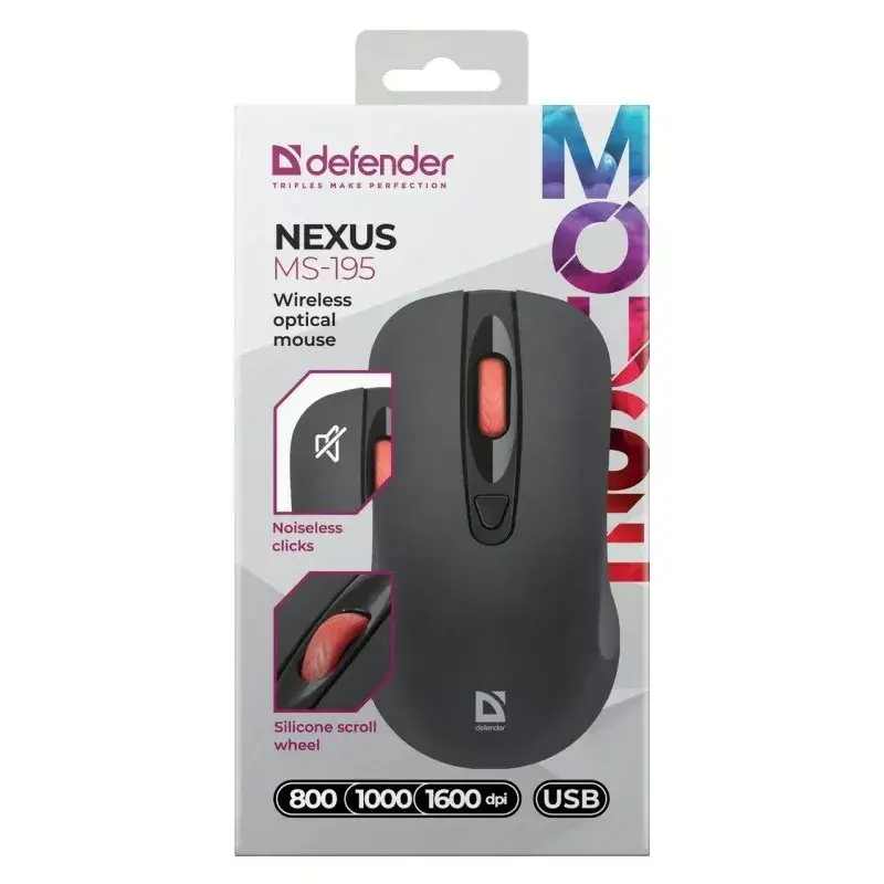 Belaidė RF tyli optinė pelė DEFENDER Nexus MS-195 — 1600 DPI, 2,4 GHz, Nano USB, abiem rankoms tinkama, 2×AAA, juoda