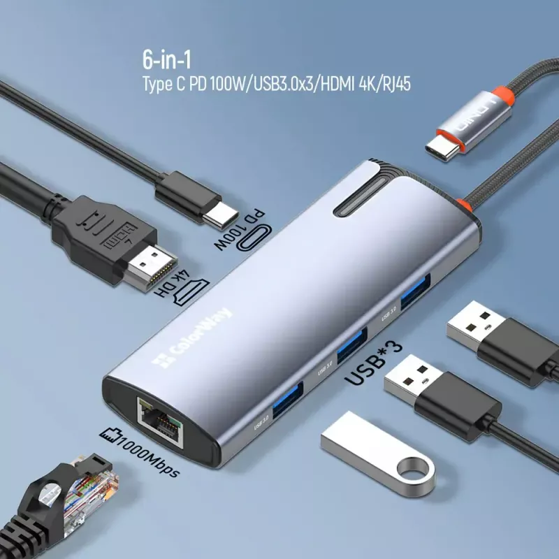 Dokingo stotelė ColorWay CW-HUB02 6-in-1 100W — daugiafunkcis šakotuvas su energijos tiekimu
