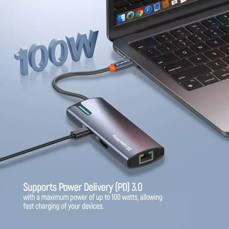 Dokingo stotelė ColorWay CW-HUB02 6-in-1 100W — daugiafunkcis šakotuvas su energijos tiekimu