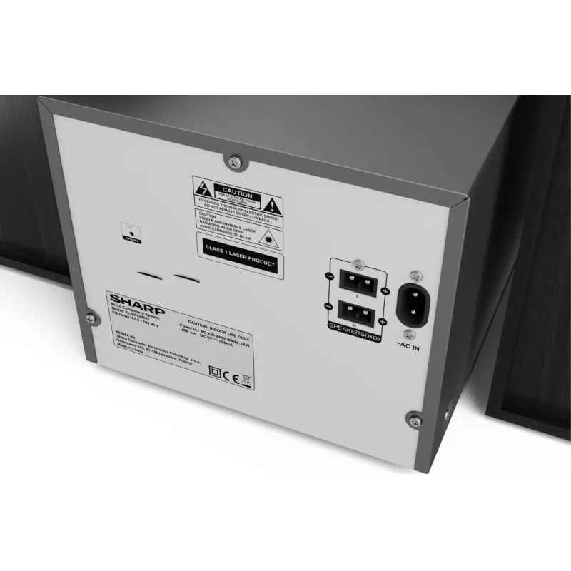 Namų garso mikrosistema „Sharp XL-B512(BK)“ – 45 W, vienas optinių diskų grotuvas, FM radijas, MP3, bananiniai garsiakalbių lizdai, juoda