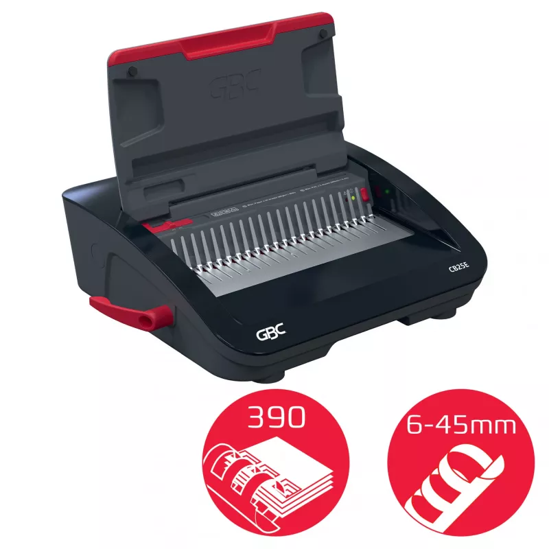 GBC CombBind® CB25E elektrinis įrišimo aparatas, šukinio įrišimo aparatas, elektrinis, 390 lapų, juoda, raudona