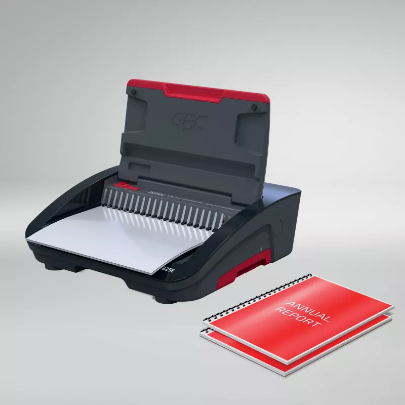 GBC CombBind® CB25E elektrinis įrišimo aparatas, šukinio įrišimo aparatas, elektrinis, 390 lapų, juoda, raudona
