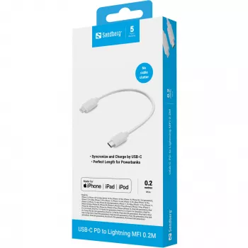 Sandberg USB-C PD to Lightning MFI 0.2M, 0,2 m, Lightning, USB C, vyriška, vyriška, balta