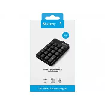 Sandberg USB laidinė skaičių klaviatūra, USB, 19, Nešiojamasis/Stacionarusis kompiuteris, 1,5 m, Juoda