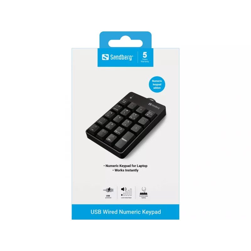 Sandberg USB laidinė skaičių klaviatūra, USB, 19, Nešiojamasis/Stacionarusis kompiuteris, 1,5 m, Juoda