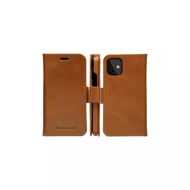 Dėklas-piniginė dbramante1928 Lynge, skirtas iPhone 12 mini (5,4 col.) – įdegio spalvos, 3 kortelių kišenės, stalinis stovas