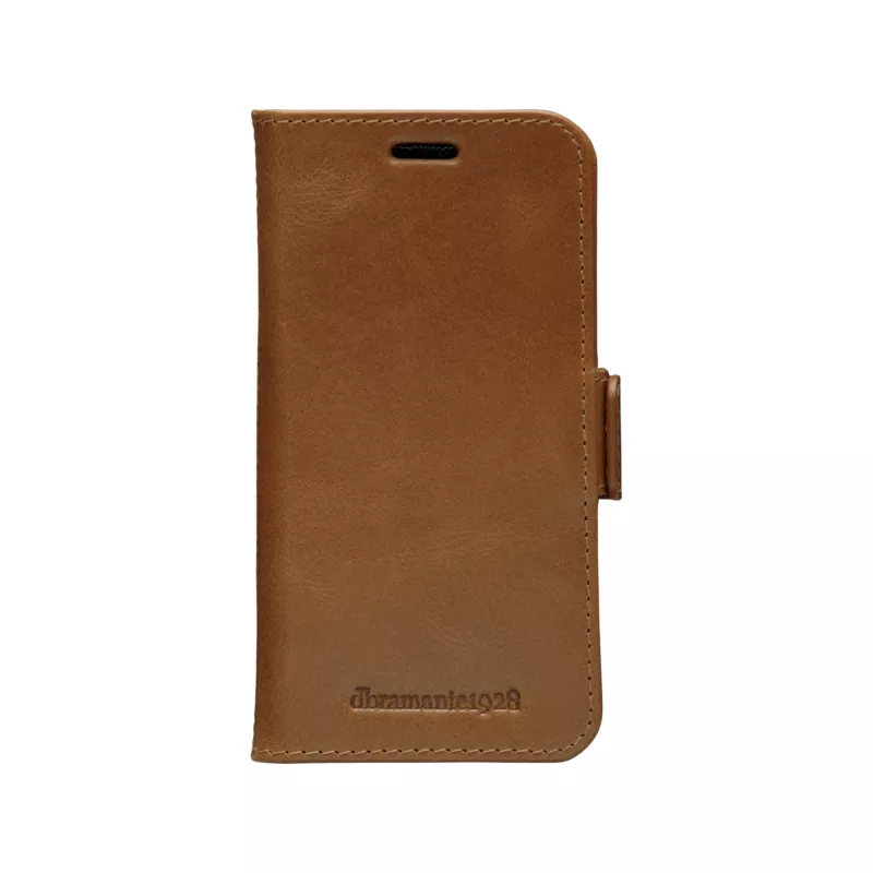 Dėklas-piniginė dbramante1928 Lynge, skirtas iPhone 12 mini (5,4 col.) – įdegio spalvos, 3 kortelių kišenės, stalinis stovas