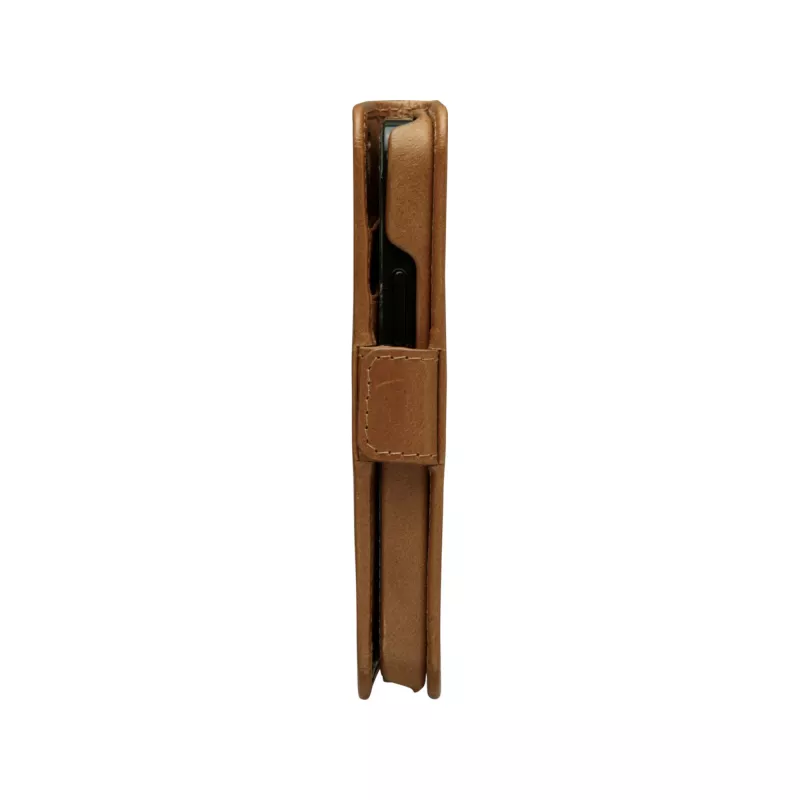Dėklas-piniginė dbramante1928 Lynge, skirtas iPhone 12 mini (5,4 col.) – įdegio spalvos, 3 kortelių kišenės, stalinis stovas