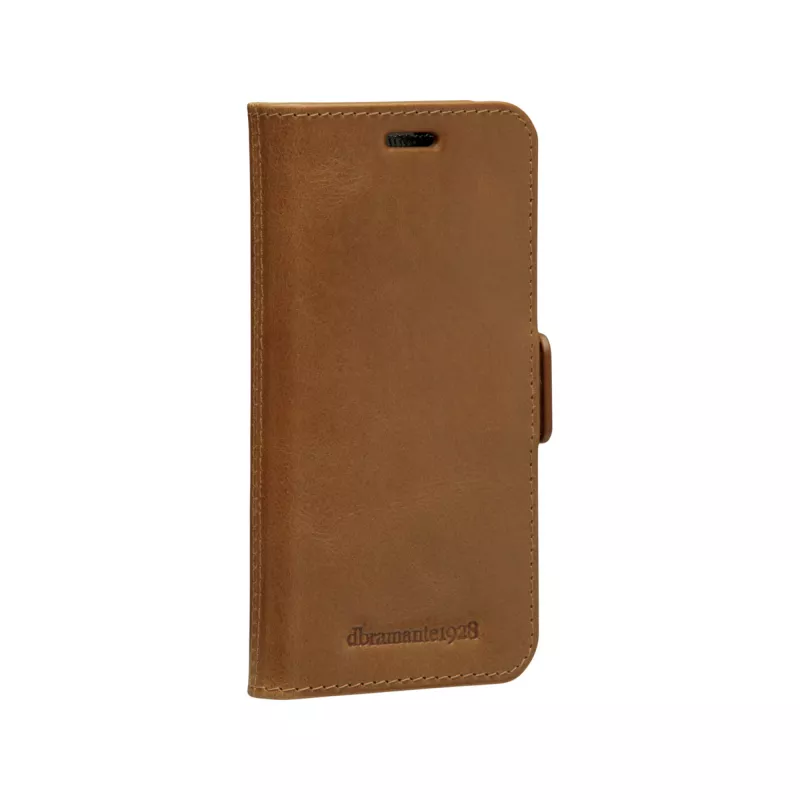 Dėklas-piniginė dbramante1928 Lynge, skirtas iPhone 12 mini (5,4 col.) – įdegio spalvos, 3 kortelių kišenės, stalinis stovas