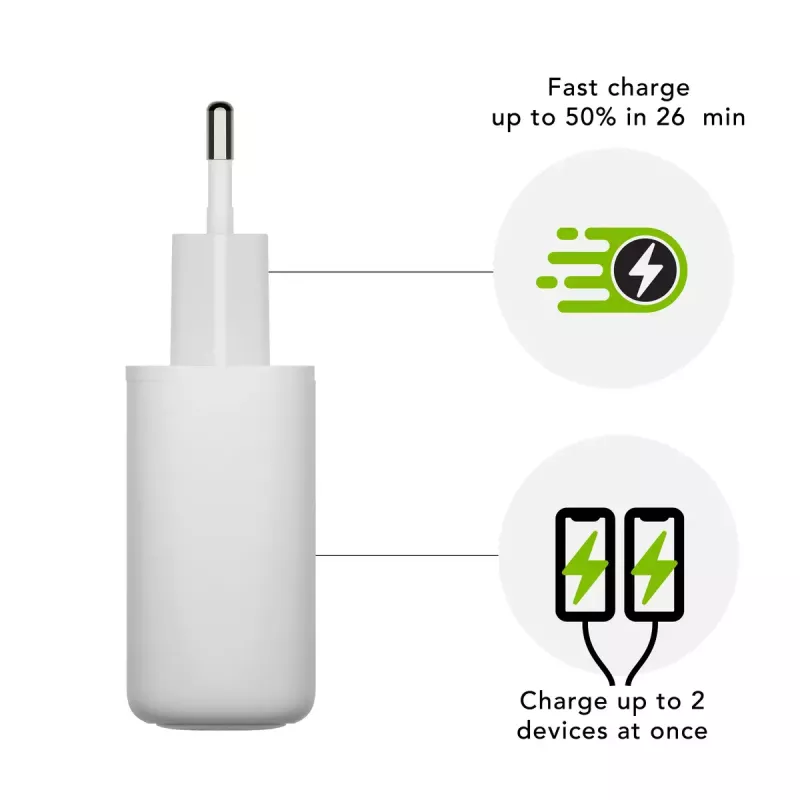Sieninis įkroviklis d bramante re-charge Pro — 2× USB-C 25 W, 110–240 V, baltas