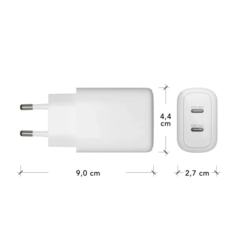 Sieninis įkroviklis d bramante re-charge Pro — 2× USB-C 25 W, 110–240 V, baltas