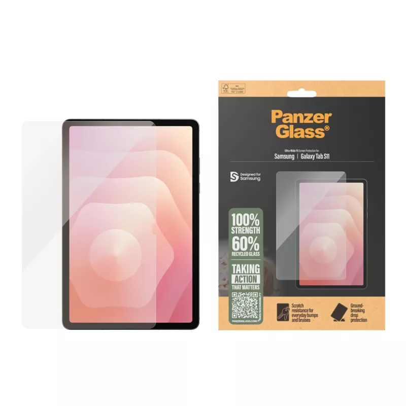 PanzerGlass ekrano apsauga, skirta Samsung Galaxy Tab S11 — grūdintas stiklas, PET, silikonas, itin platus pritaikymas, permatoma