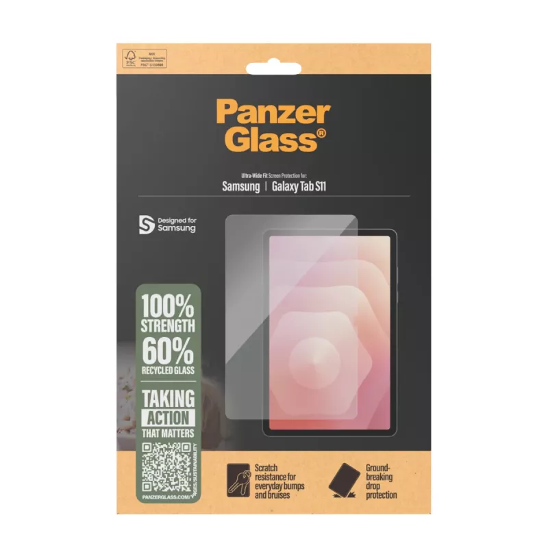 PanzerGlass ekrano apsauga, skirta Samsung Galaxy Tab S11 — grūdintas stiklas, PET, silikonas, itin platus pritaikymas, permatoma