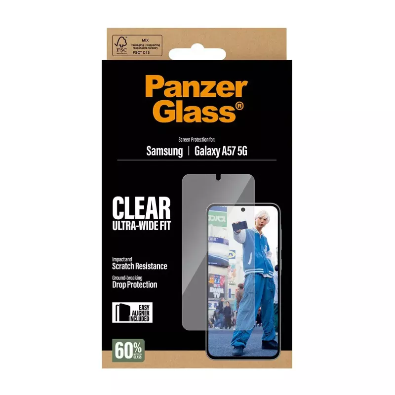 Ekrano apsauga PanzerGlass Ultra-Wide Fit, skirta Samsung Galaxy A57 5G — skaidri, atspari įbrėžimams