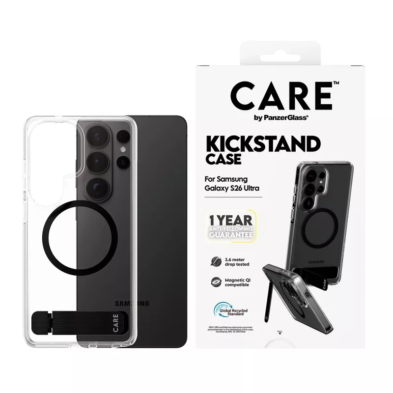 PanzerGlass CARE™ Urban Explorer dėklas Samsung Galaxy S26 Ultra — Skaidrus dėklas su juodu atsistatymo laikikliu ir Qi palaikymu