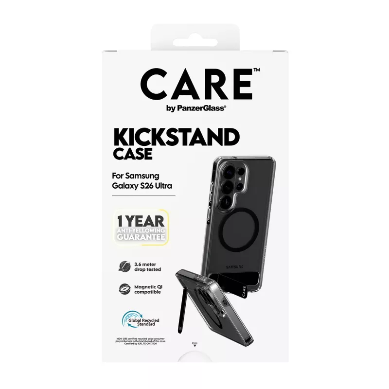 PanzerGlass CARE™ Urban Explorer dėklas Samsung Galaxy S26 Ultra — Skaidrus dėklas su juodu atsistatymo laikikliu ir Qi palaikymu