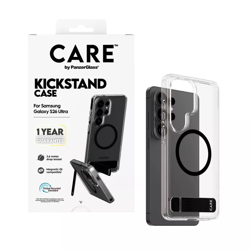 PanzerGlass CARE™ Urban Explorer dėklas Samsung Galaxy S26 Ultra — Skaidrus dėklas su juodu atsistatymo laikikliu ir Qi palaikymu