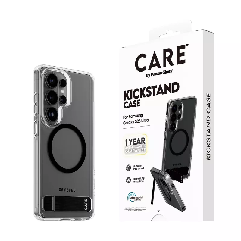 PanzerGlass CARE™ Urban Explorer dėklas Samsung Galaxy S26 Ultra — Skaidrus dėklas su juodu atsistatymo laikikliu ir Qi palaikymu