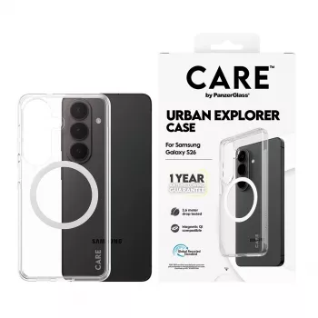 PanzerGlass CARE™ Urban Explorer dėklas Samsung Galaxy S26 — Skaidrus dangtelis su baltos spalvos Qi palaikymu