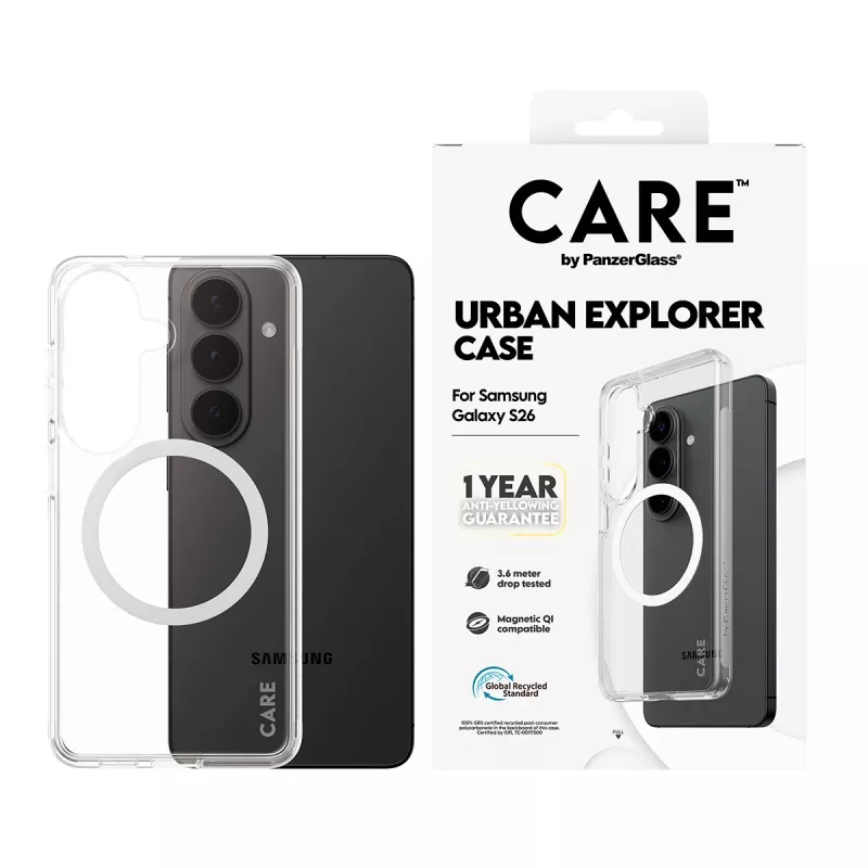 PanzerGlass CARE™ Urban Explorer dėklas Samsung Galaxy S26 — Skaidrus dangtelis su baltos spalvos Qi palaikymu