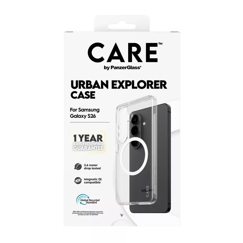 PanzerGlass CARE™ Urban Explorer dėklas Samsung Galaxy S26 — Skaidrus dangtelis su baltos spalvos Qi palaikymu