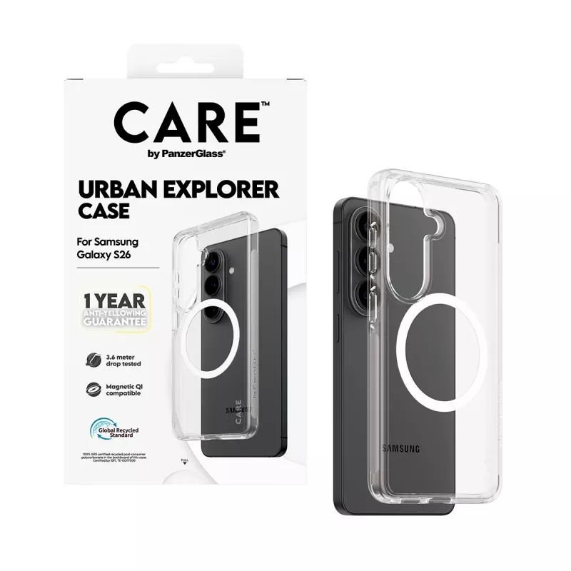 PanzerGlass CARE™ Urban Explorer dėklas Samsung Galaxy S26 — Skaidrus dangtelis su baltos spalvos Qi palaikymu