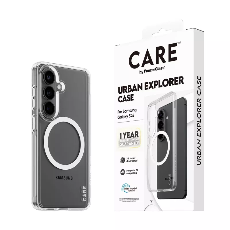 PanzerGlass CARE™ Urban Explorer dėklas Samsung Galaxy S26 — Skaidrus dangtelis su baltos spalvos Qi palaikymu