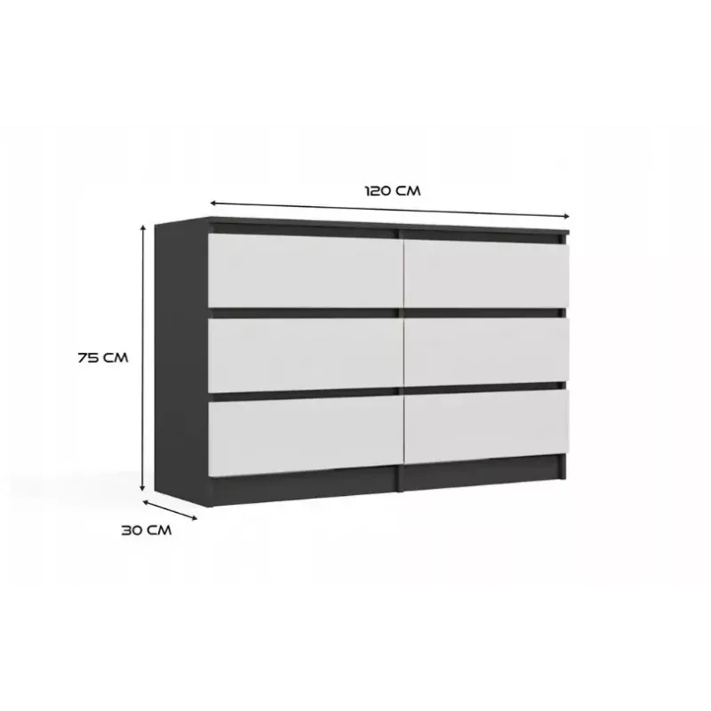 Komoda Top E Shop MALWA M6 120 cm, 6 stalčiai, antracito rėmas, balti fasadai