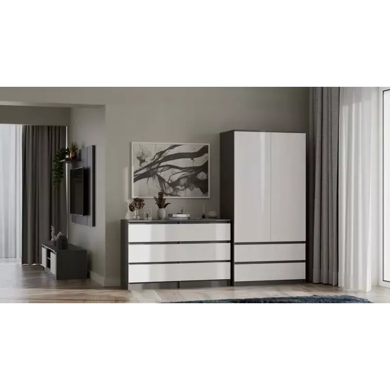 Komoda Top E Shop MALWA M6 120 cm, 6 stalčiai, antracito rėmas, balti fasadai
