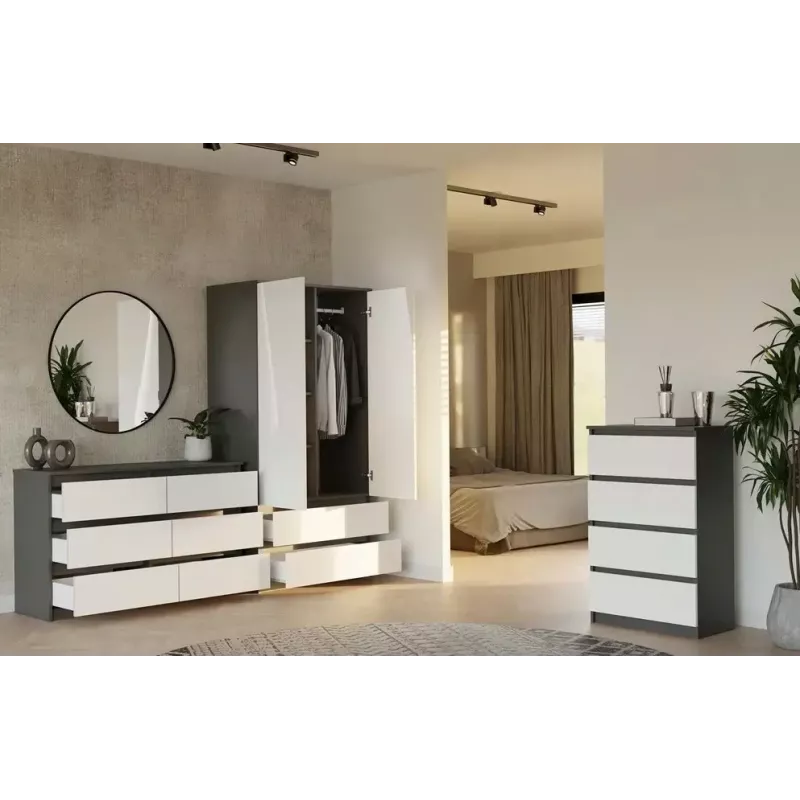 Komoda Top E Shop MALWA M6 120 cm, 6 stalčiai, antracito rėmas, balti fasadai